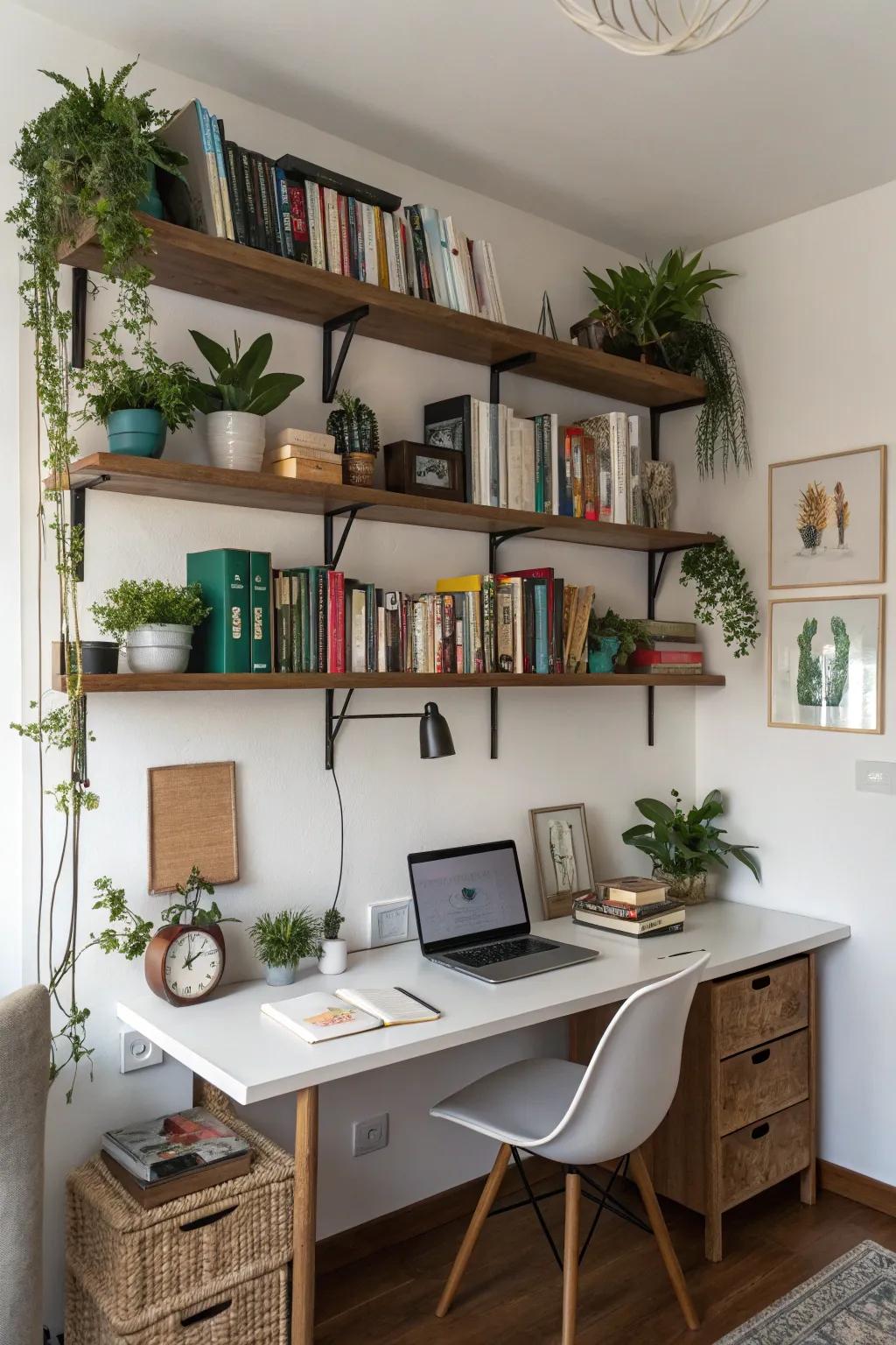 Vertical storage techniques to optimize the utilization of home office space.