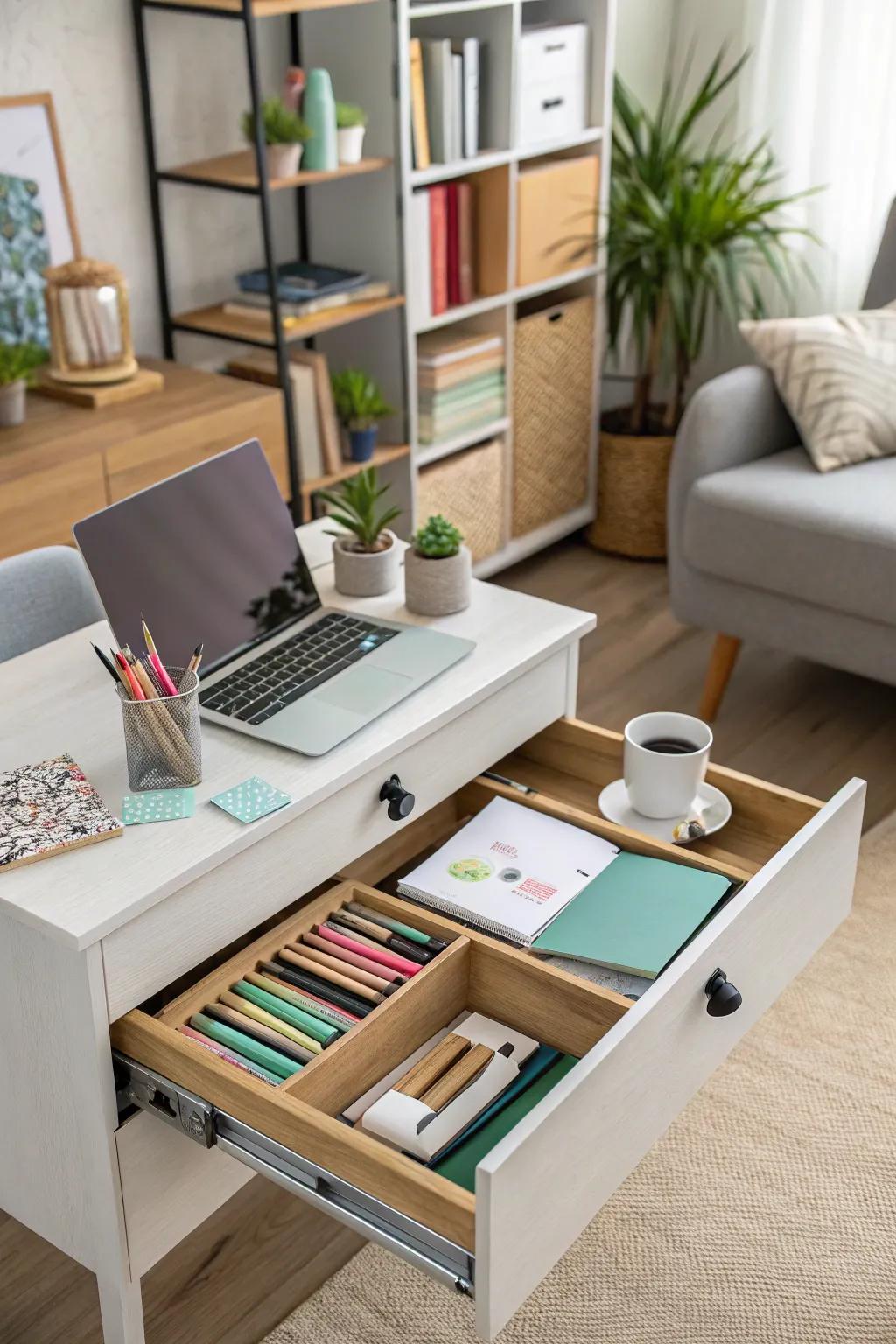 Under-desk storage optimizes space utilization.