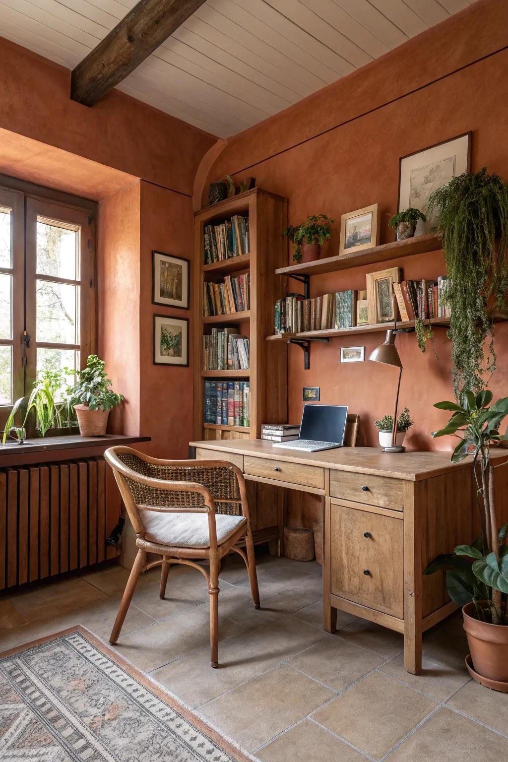 Clay walls infuse coziness and countryside allure into this personal office.