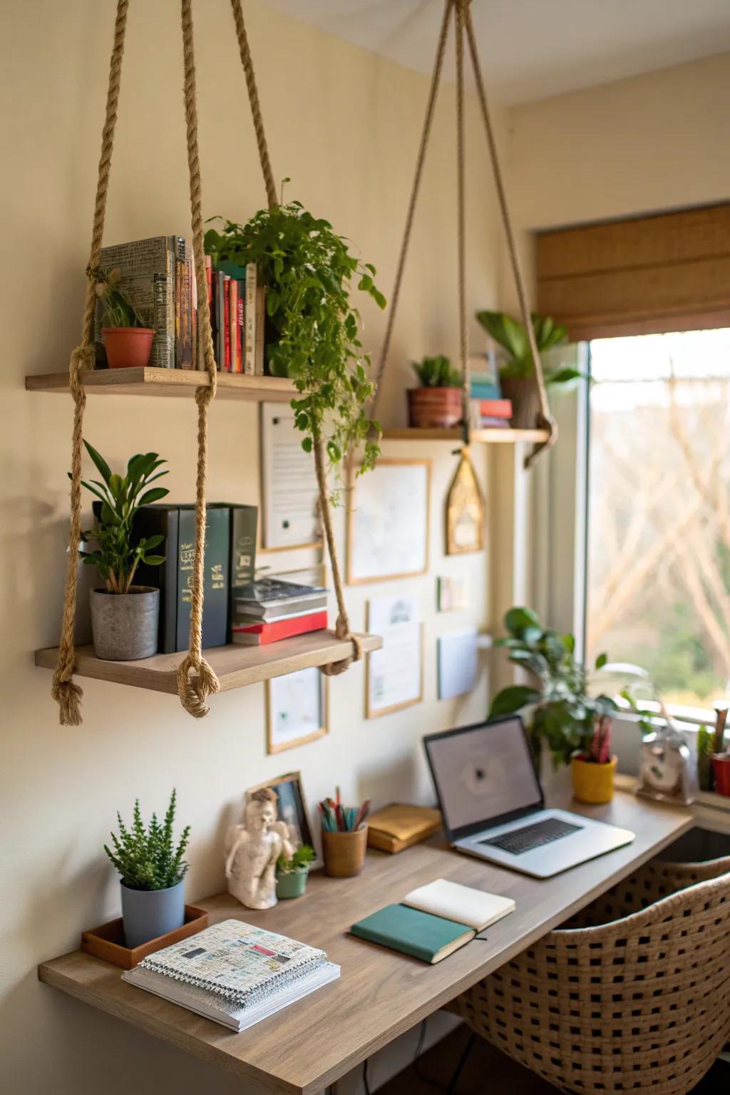 Suspended shelves create a distinctive and airy visual.