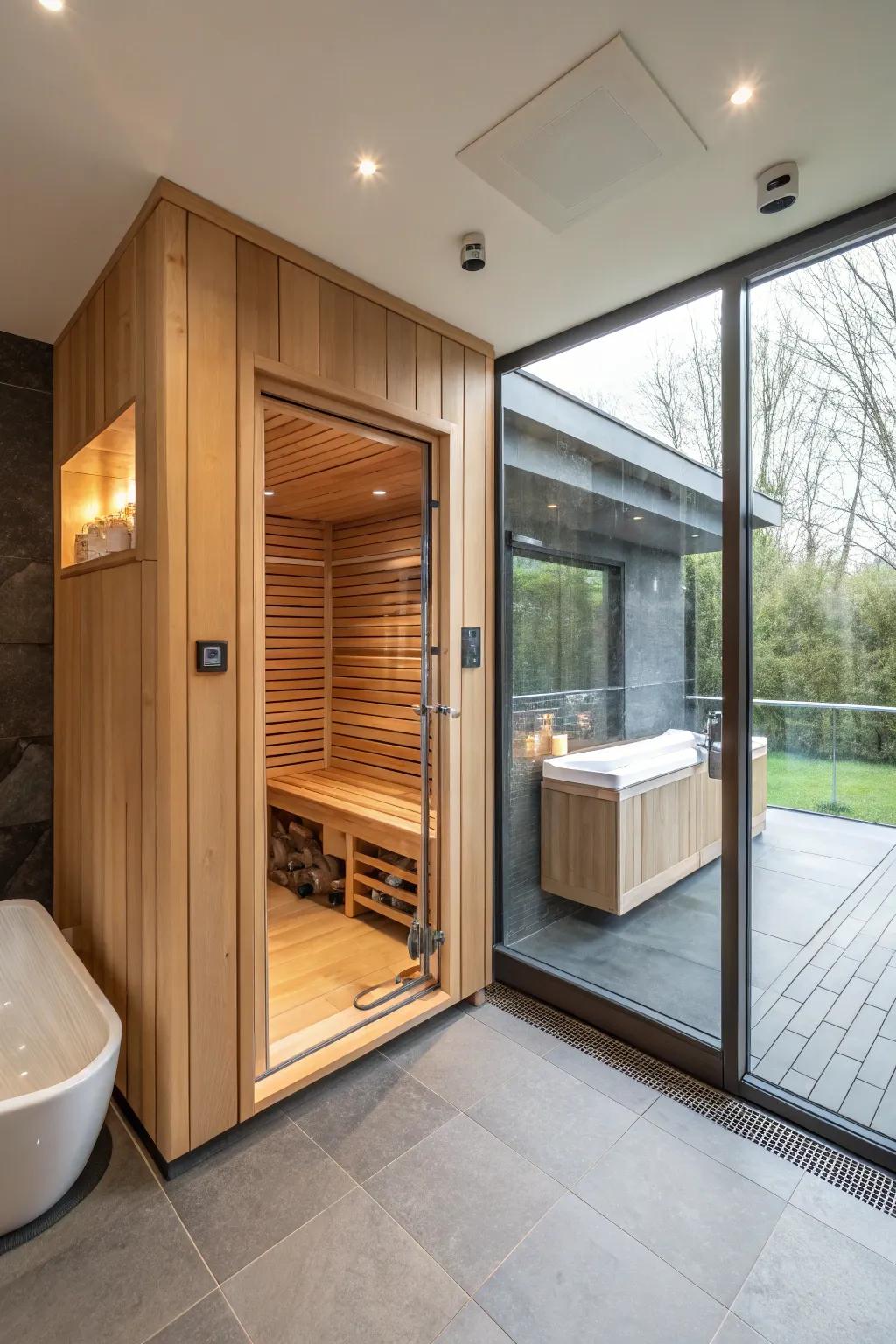 A sauna ideally integrated with a modern washroom for added convenience.