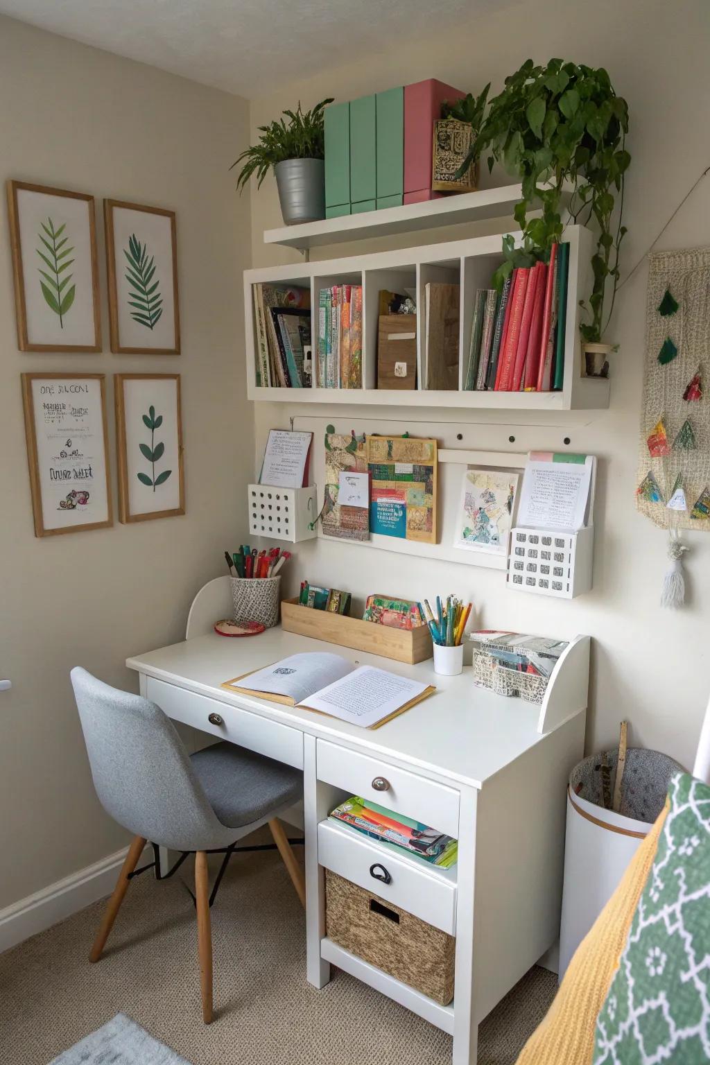 Harnessing wall space is key to keeping your homeschool area clutter-free.
