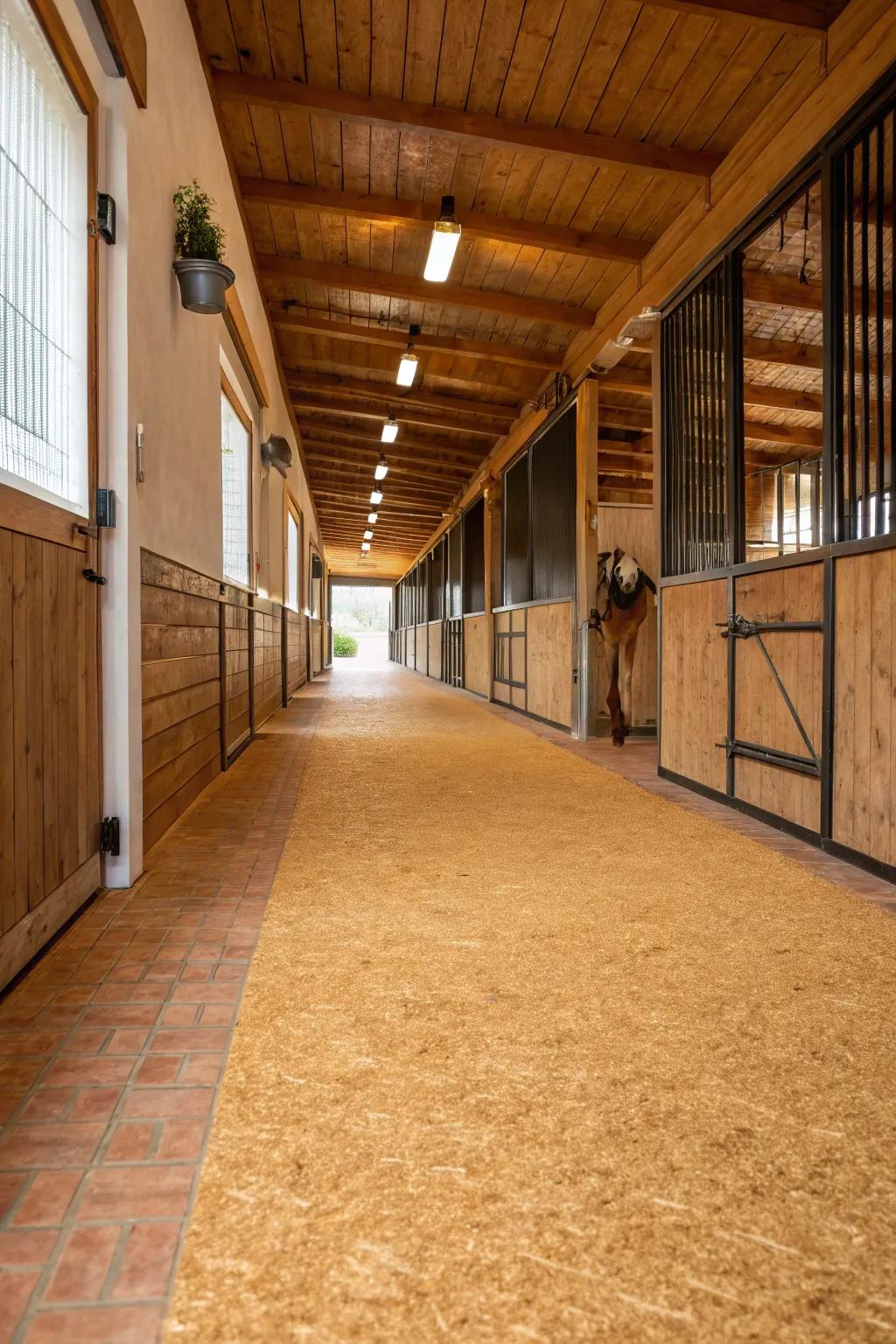 Bark ground cover provides a green and agreeable choice for equine facility walkways.