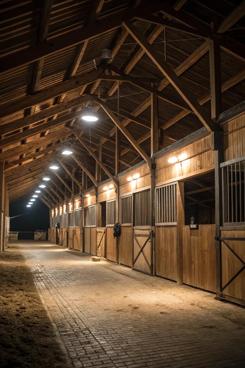 Spotlighting enhances the natural beauty of wooden barn elements.