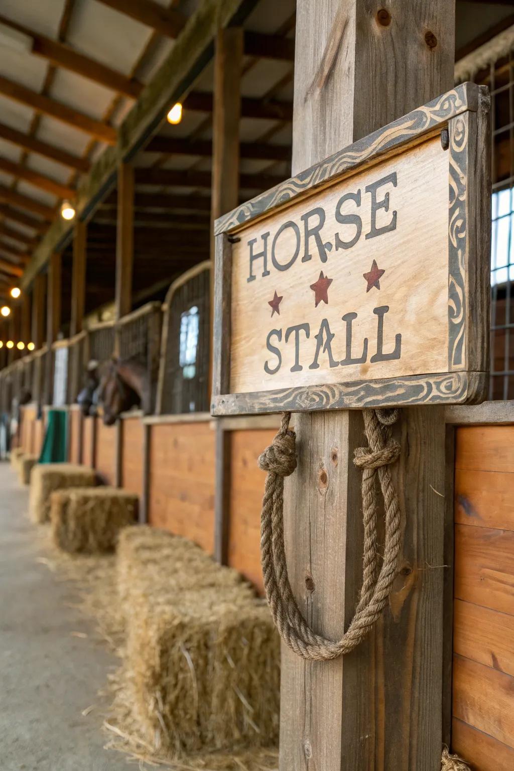 Country cord embellishments amplifying a stall marker.
