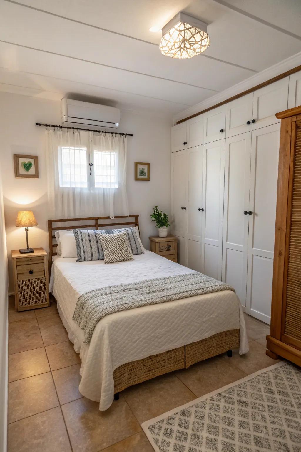 A streamlined layout showcasing a centrally located bed to optimize area within a petite bedroom.