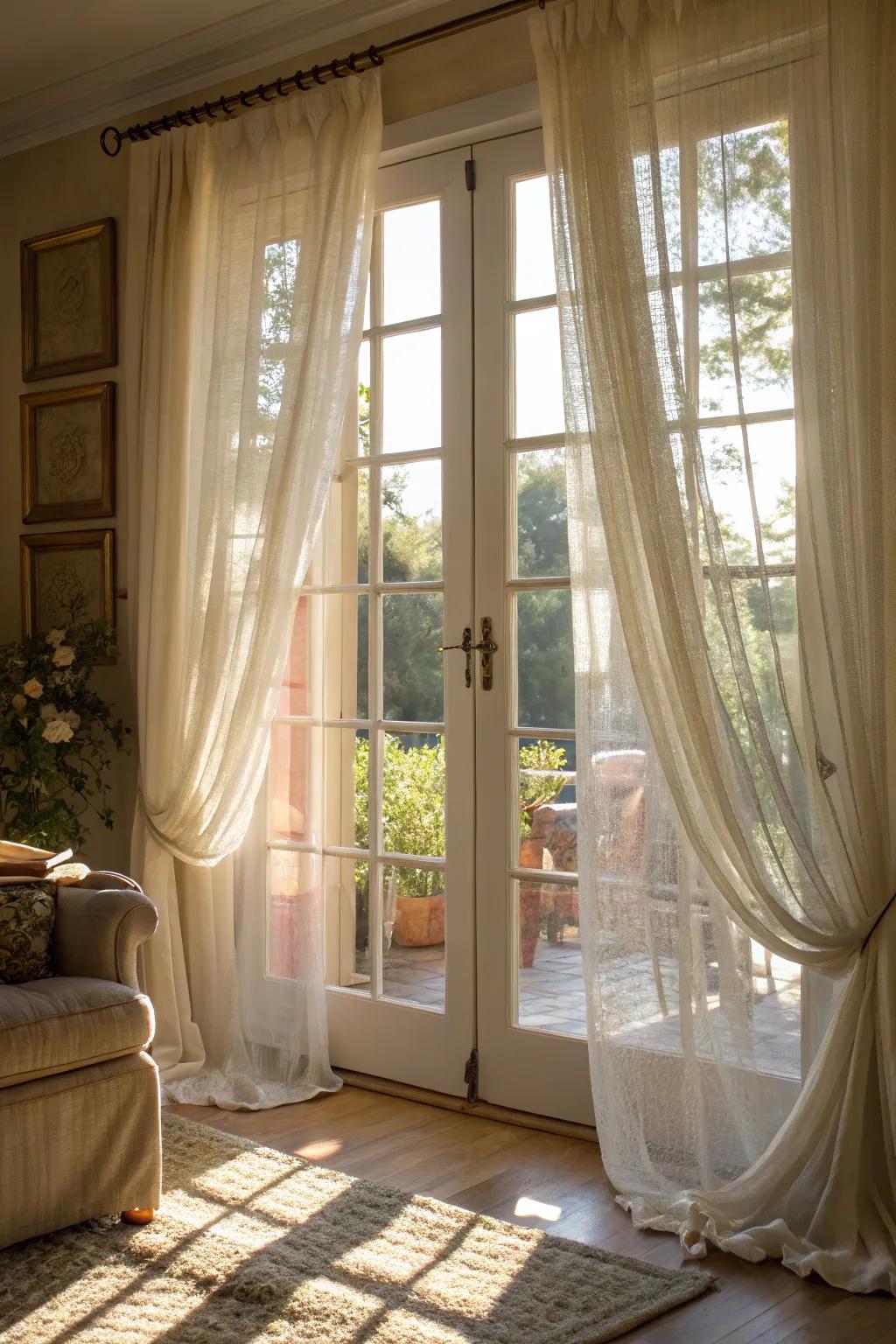 Sheers offer a gentle, light-filtering option for French doors.