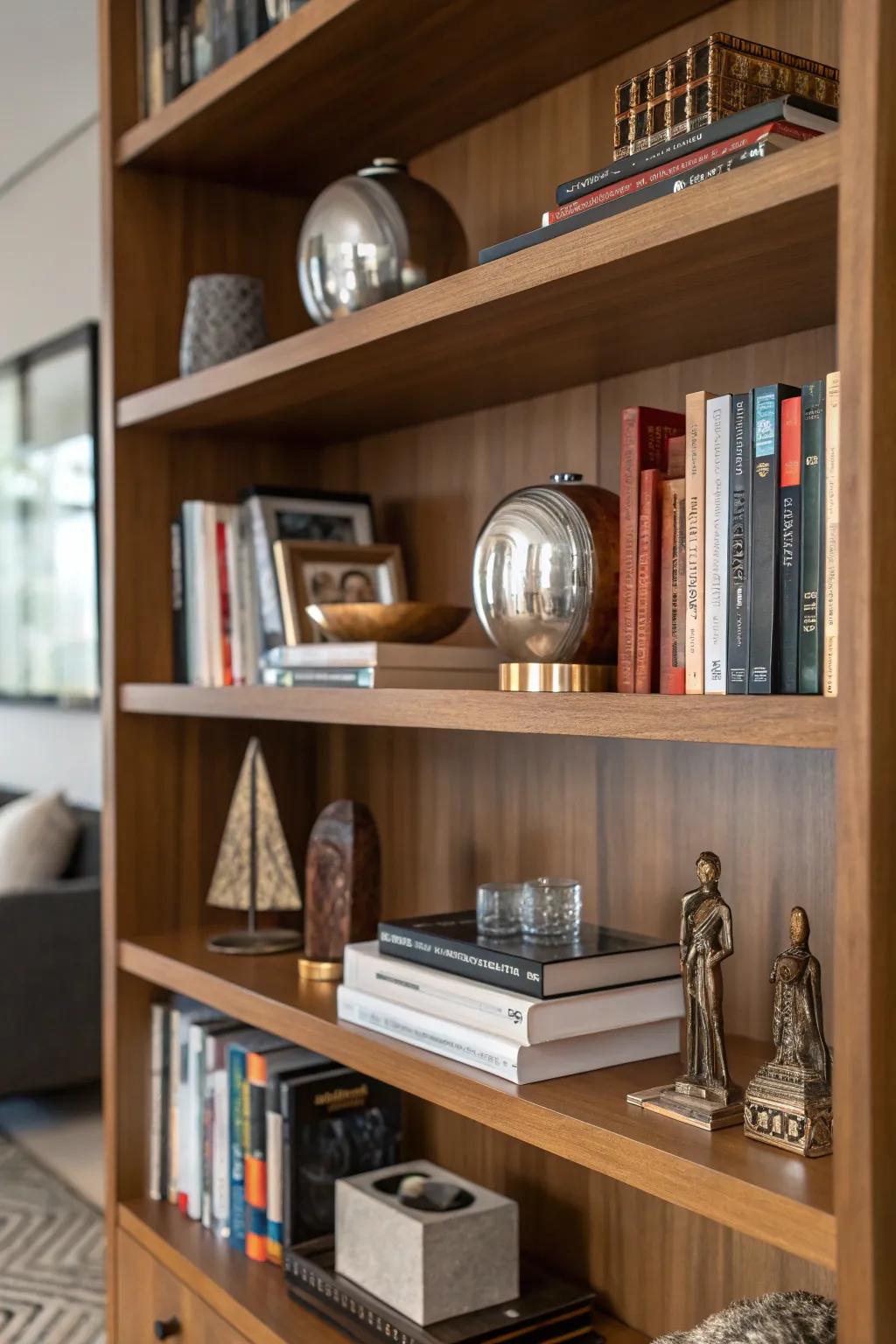 A bookshelf intermingling textures to enrich dimension.