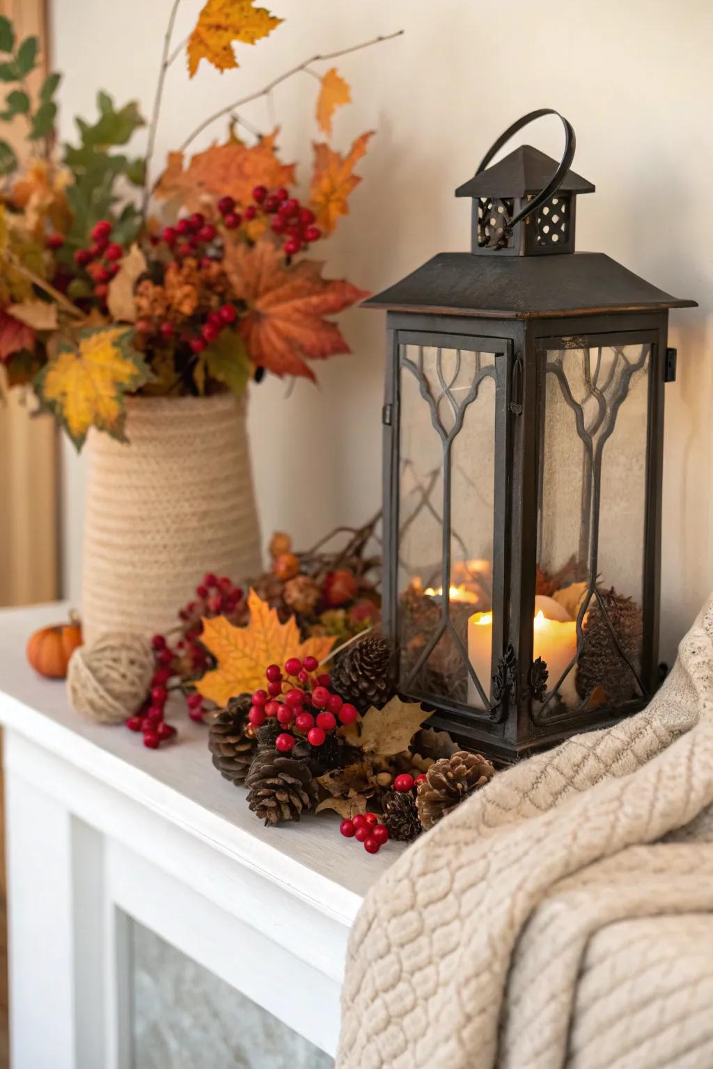 A warm fall lantern display screen with leaves and berries.