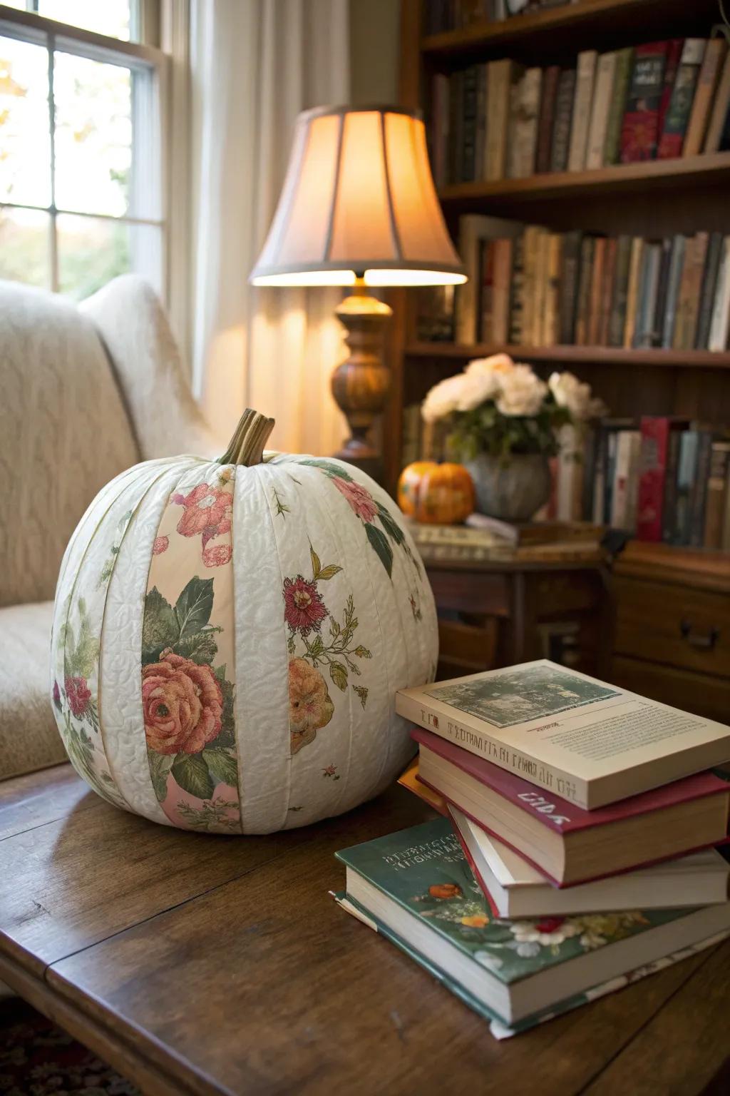 A decoupage pumpkin, infusing creative elegance into any setting.