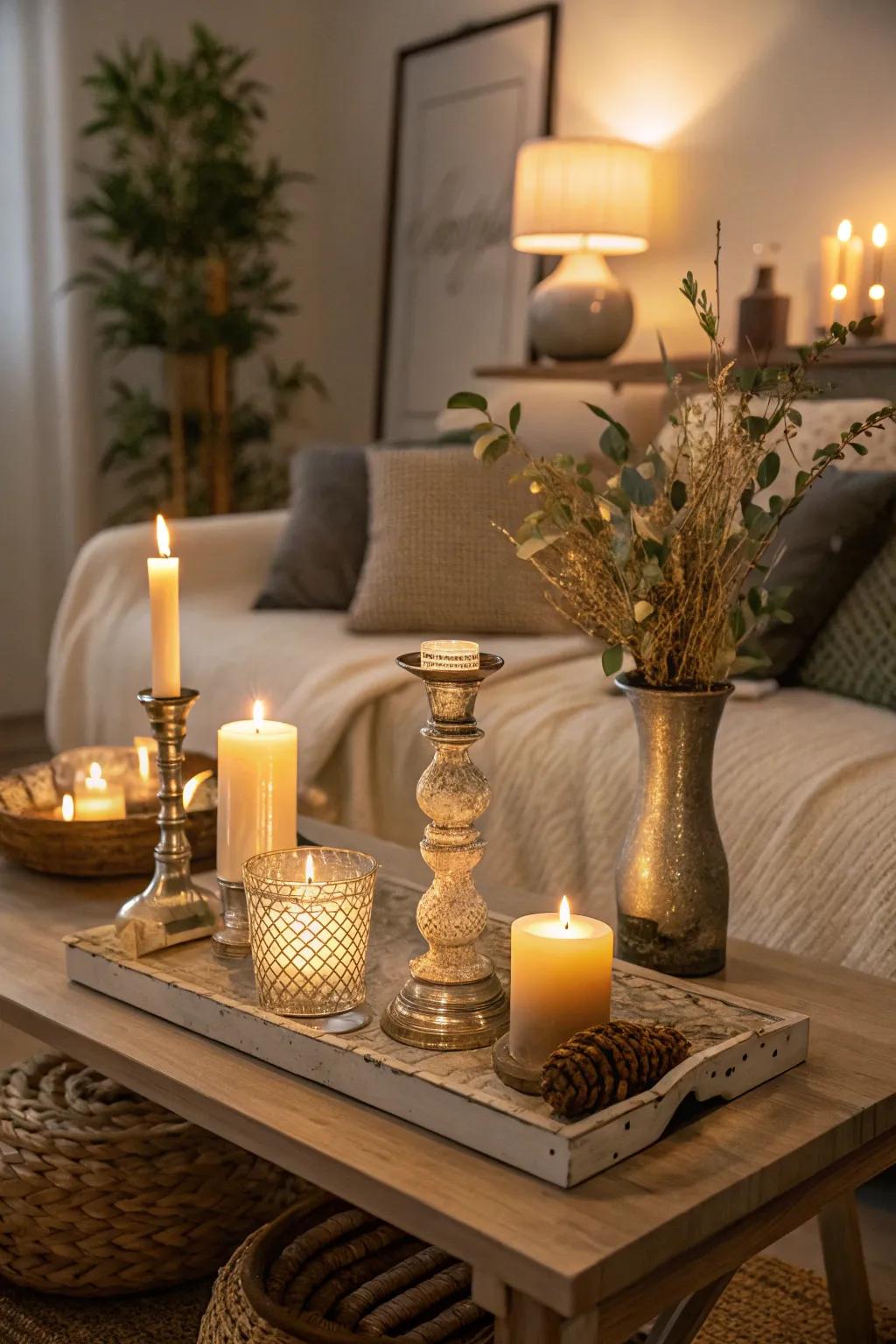 Candles craft a warm and welcoming ambiance.