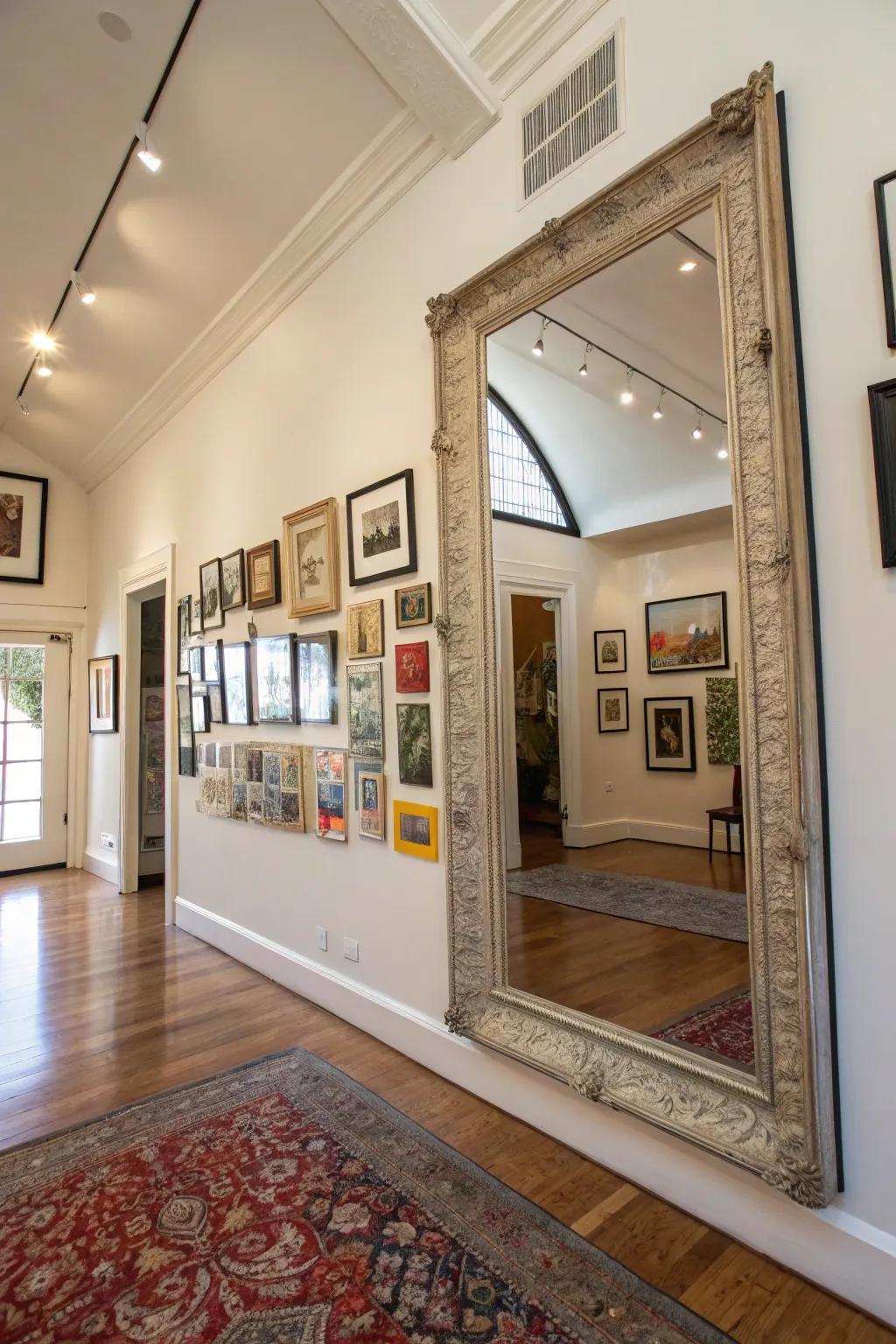 Gallery walls and mirrors contribute multifaceted visual intrigue.