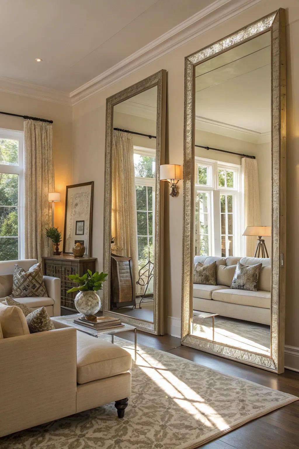 Strategically placed mirrors and enhanced lighting amplify the room’s inherent light.