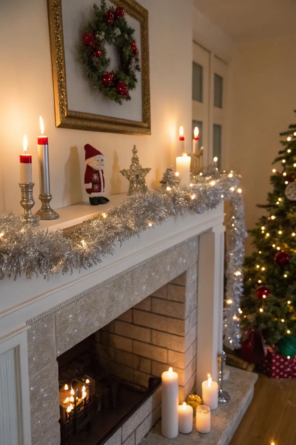 A fireplace ledge beautified with glittery strands and celebratory accents.