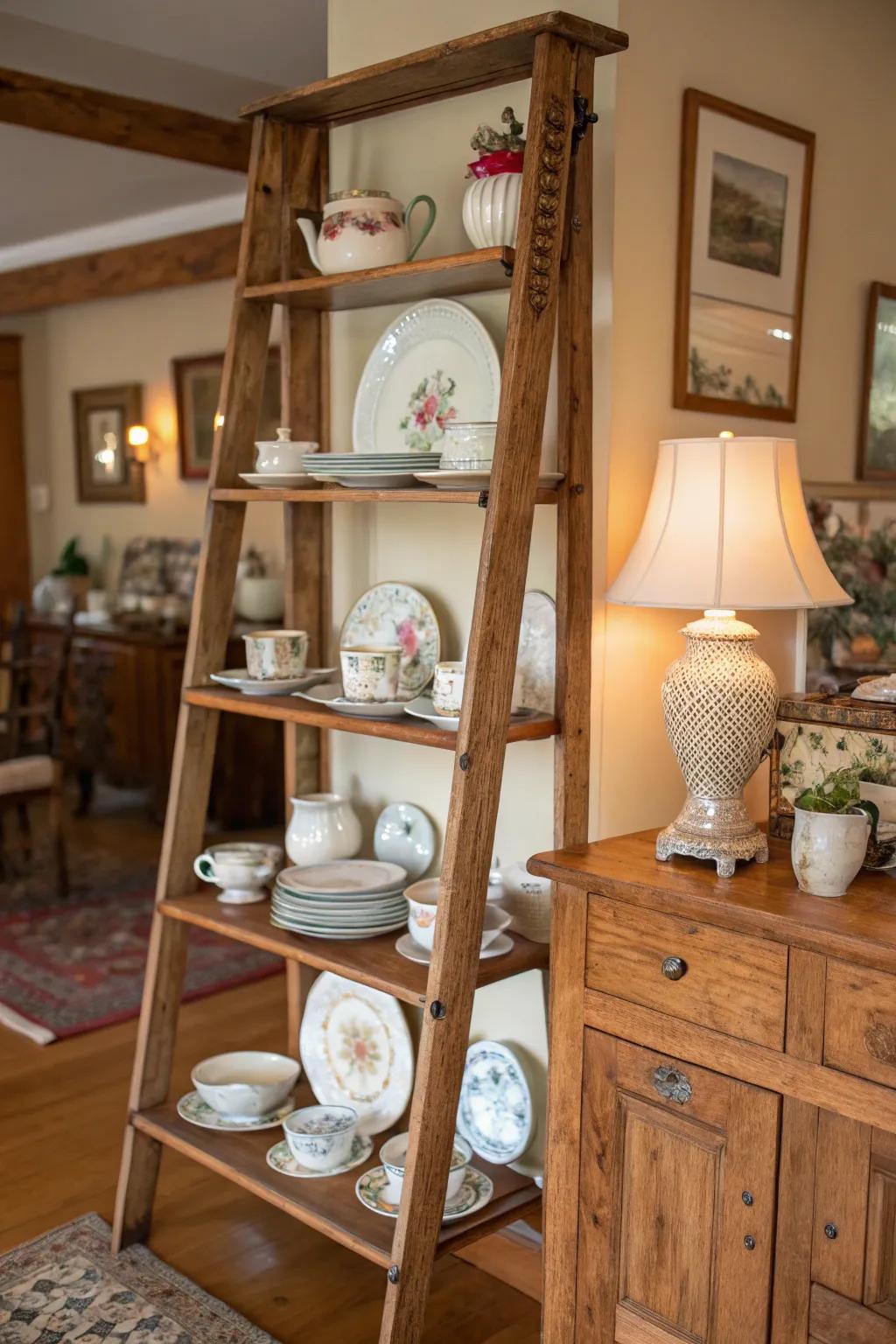 A country-style step shelf showcasing a charming china collection.