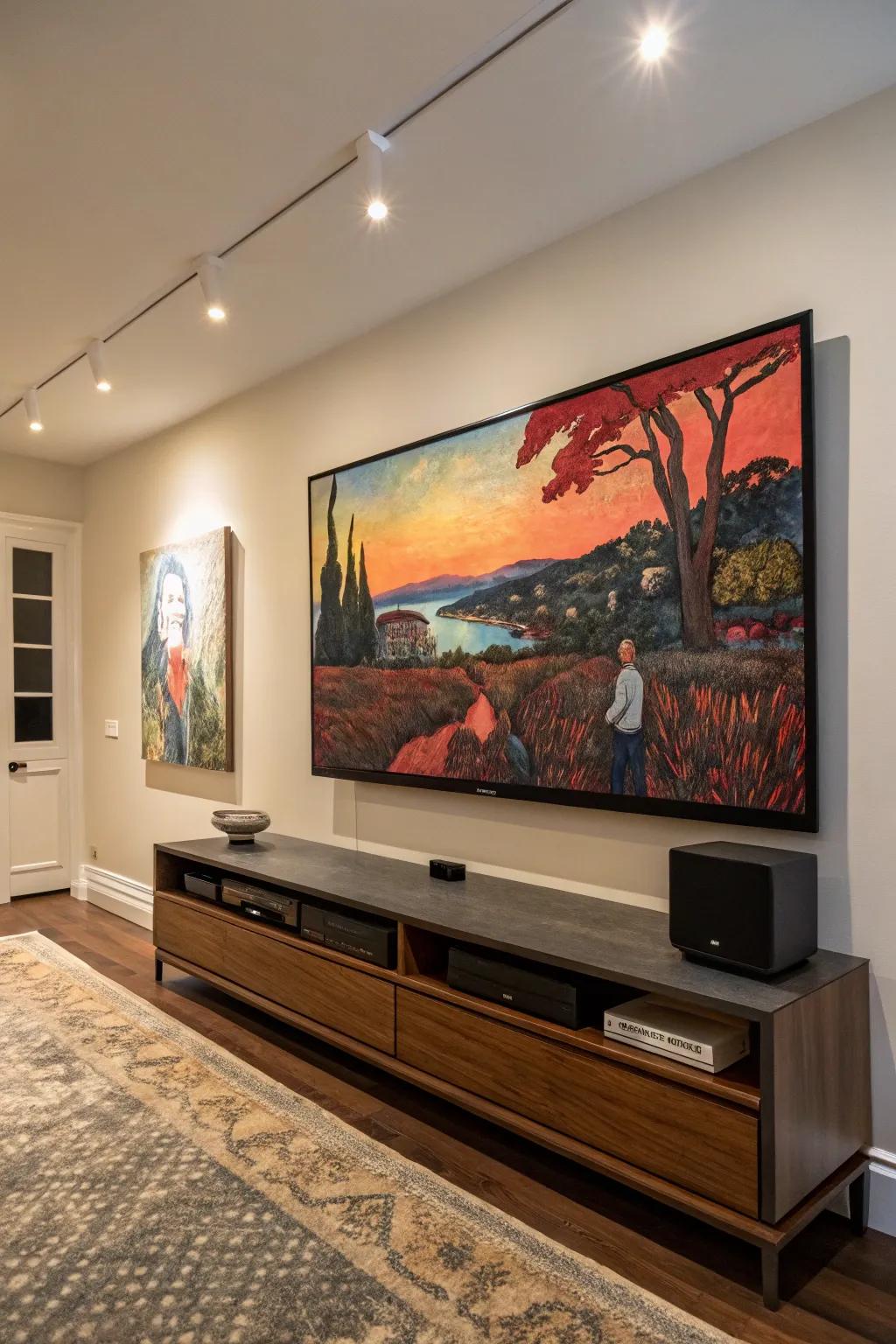 Artwork serves as a dual-purpose decor and wire cover.