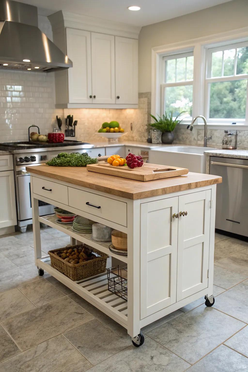 A rolling island provides flexible space and storage.