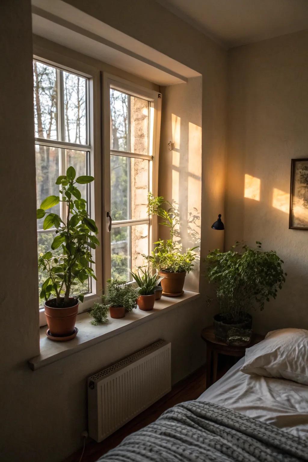 Small plants inject vibrancy into a compact space.