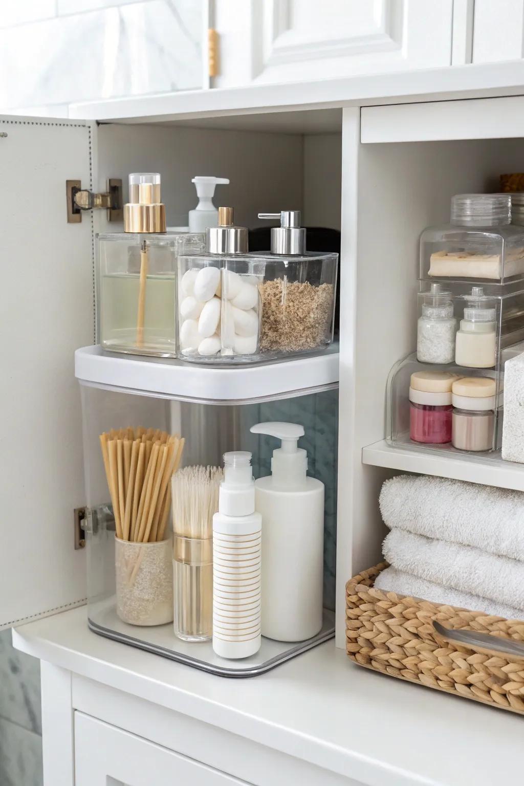 Clear containers inside a bathroom cabinet, making it easy to see stored items.