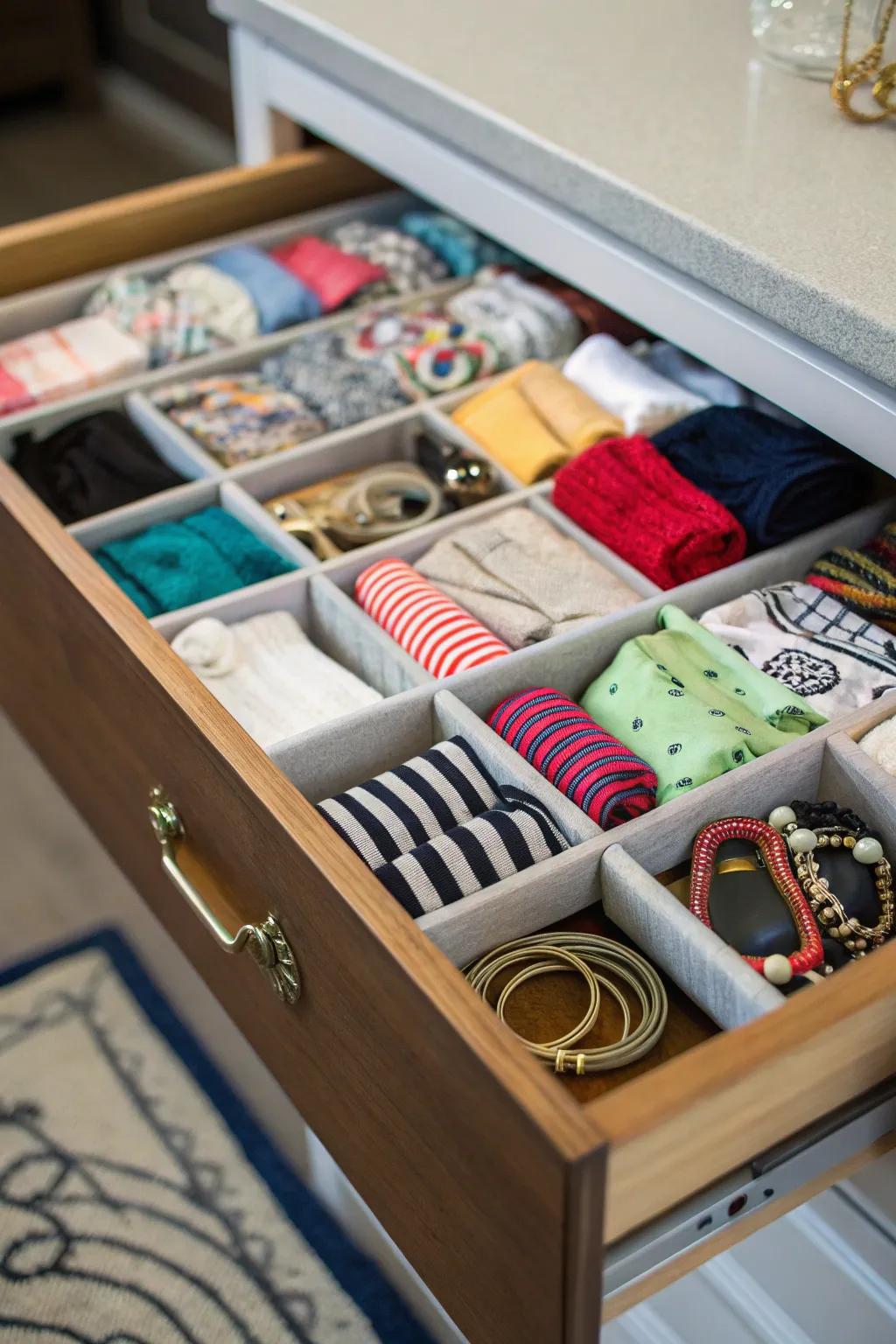 A multipurpose drawer conjoining diverse items for optimized expanse utilization.
