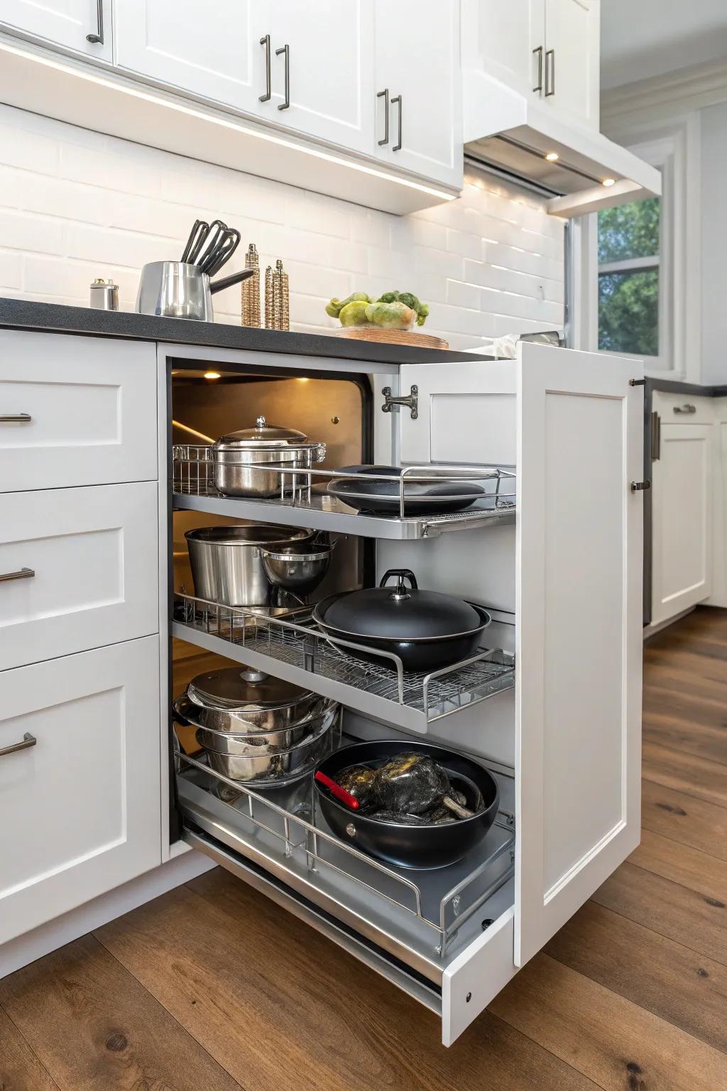 Pull-out shelves offer smooth access to items in deep cabinet spaces.