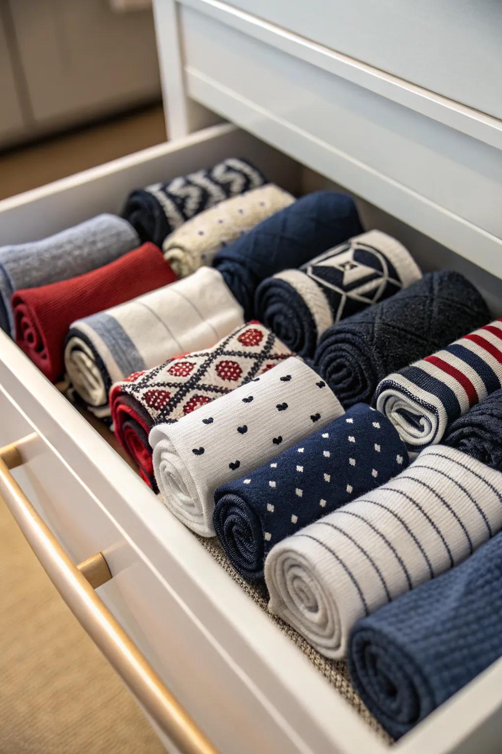 Rolling socks keeps them orderly and visible.