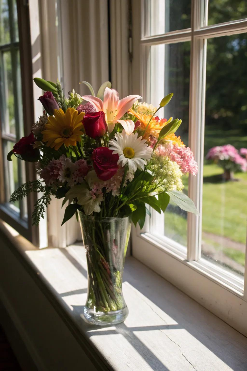 A widening container crafting a vibrant floral display.