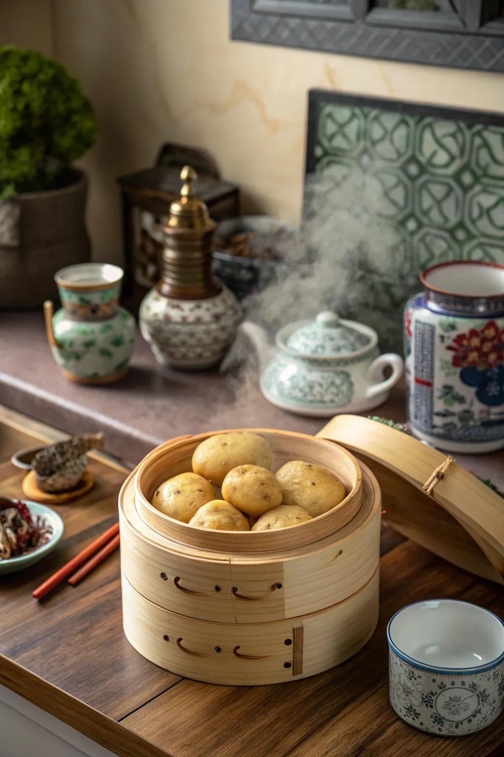 Bamboo steamer innovatively used for storage.