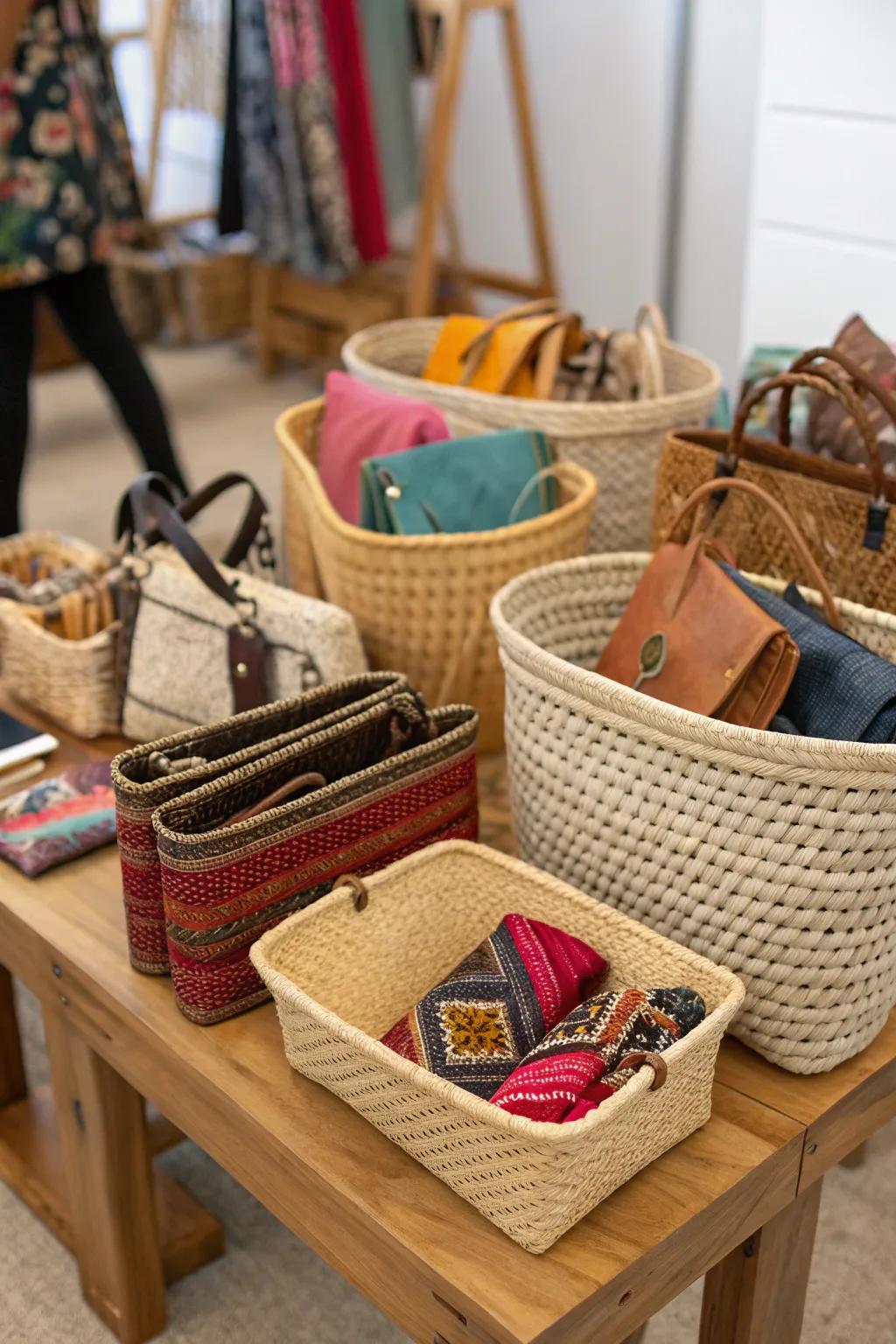 Baskets and bins effectively organizing handbags for practical storage solutions.