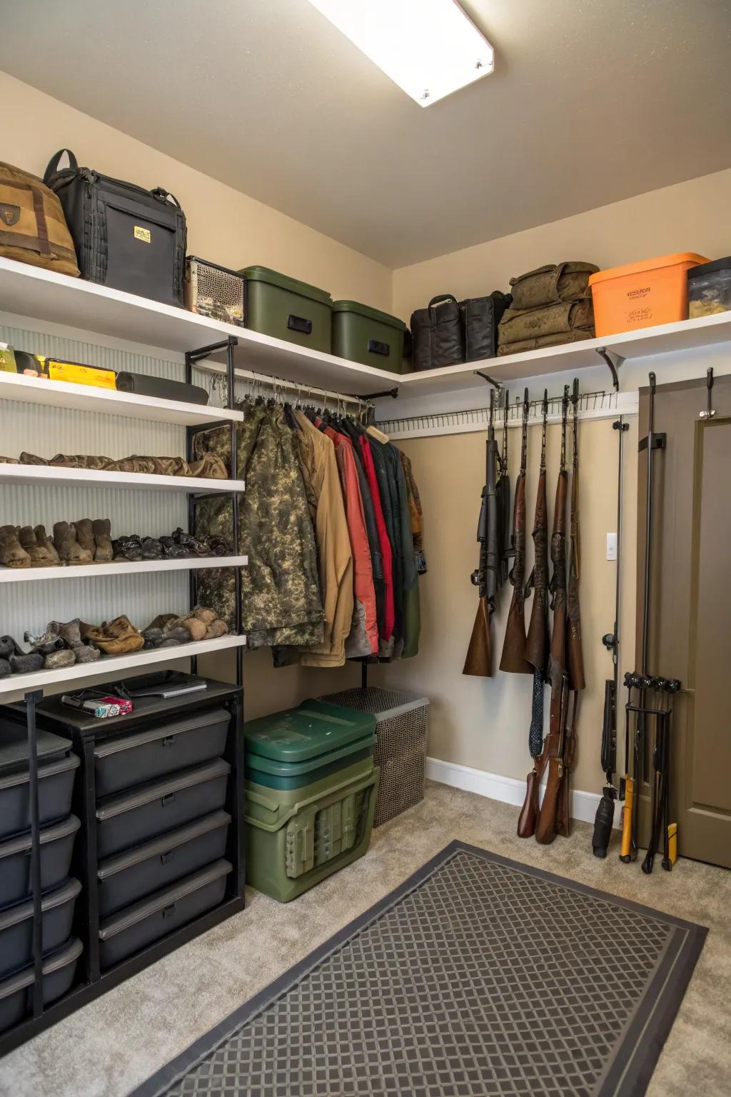 A spare room dedicated to hunting gear ensures everything is in one place.