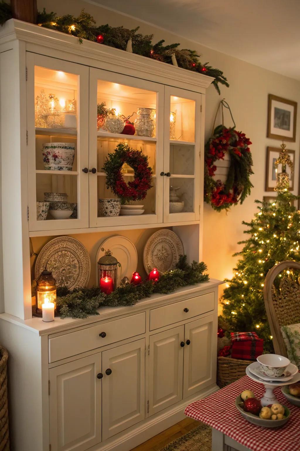 Holiday details deliver festive joy to this hutch.