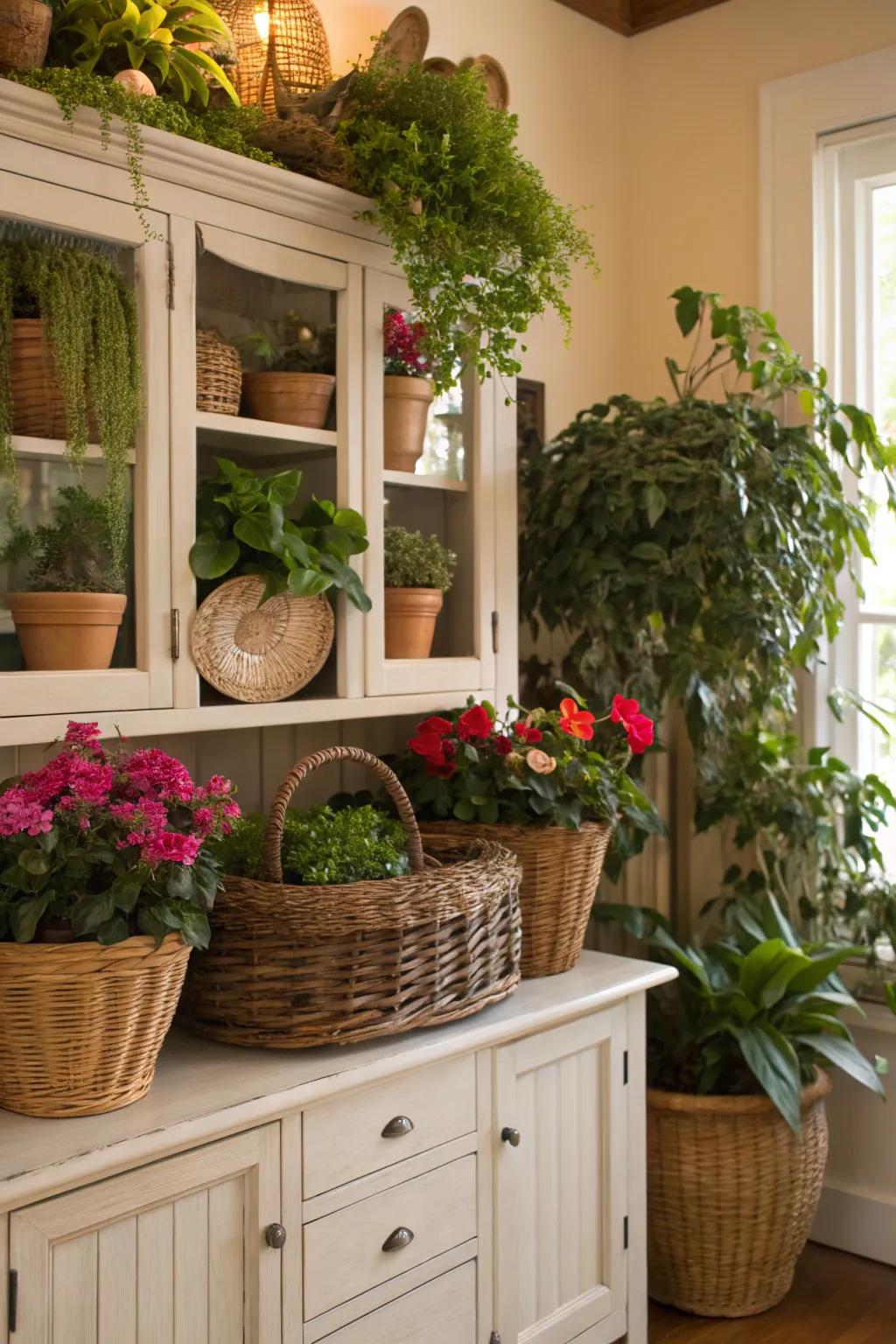 Welcome nature inside using a flora-filled hutch top.