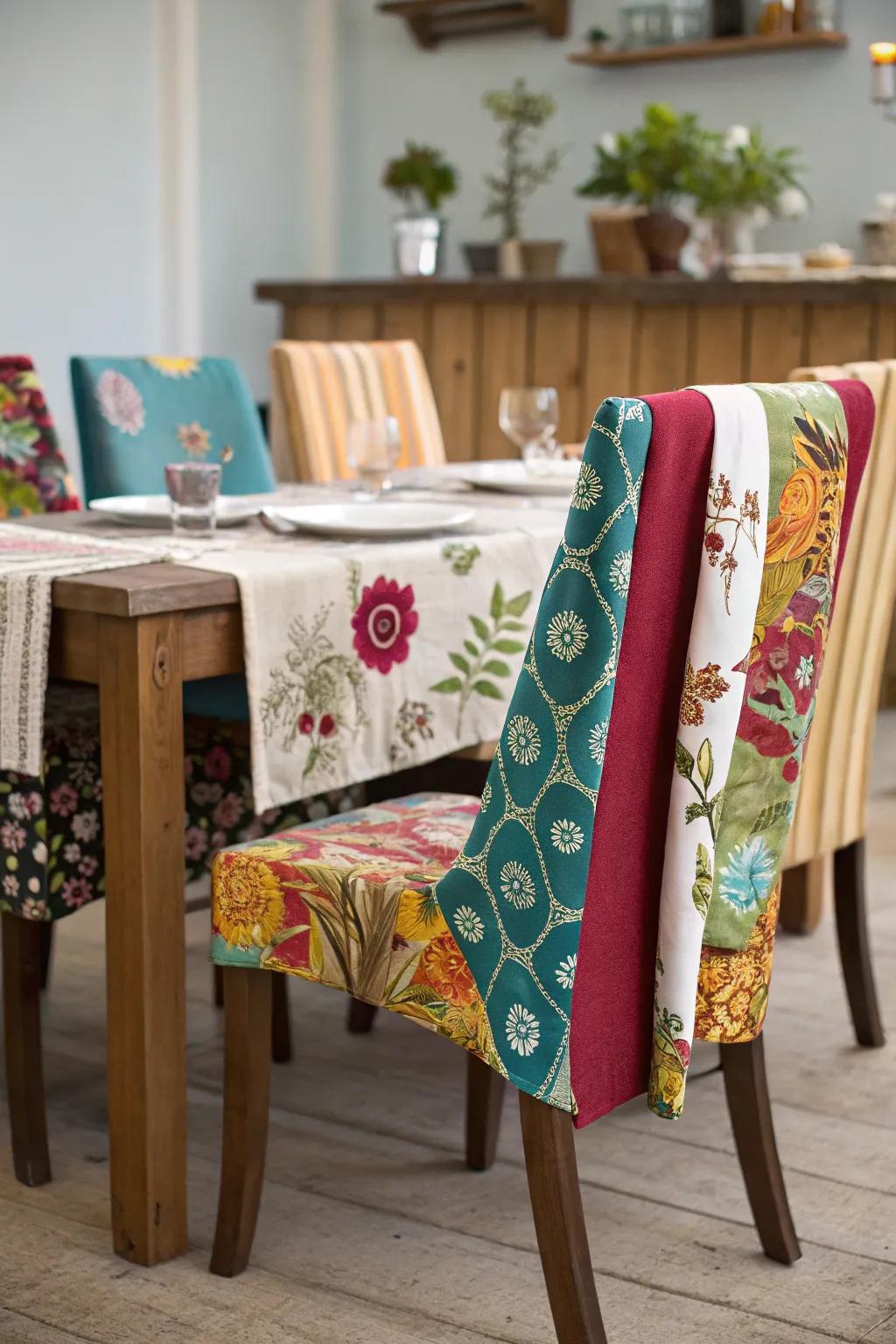 Do-it-yourself ingenuity with draped textile chair wraps.