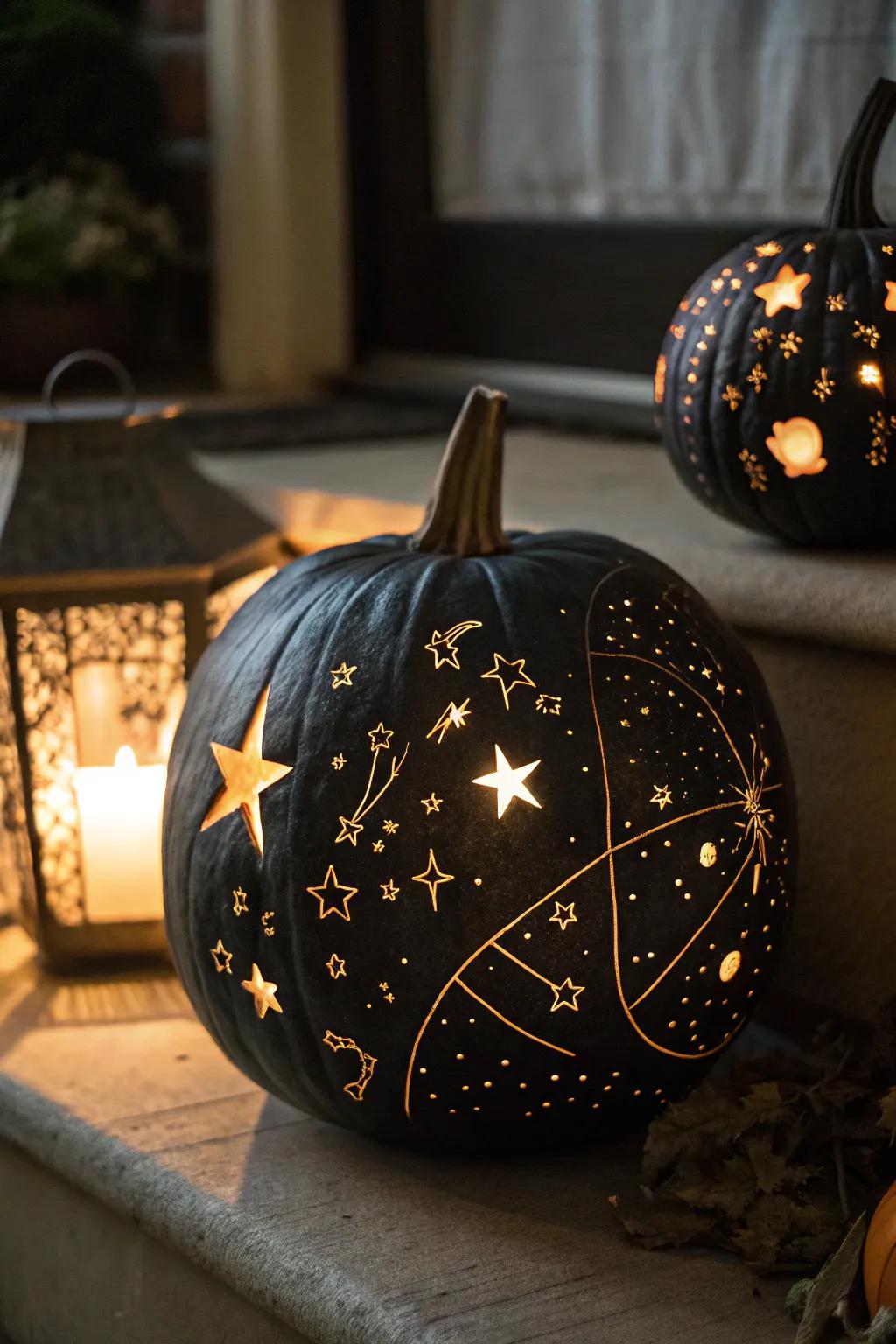 A star pattern-carved pumpkin that glows with cosmic beauty.