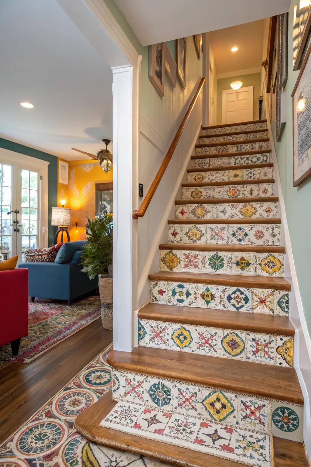 Impart a lively sensation via patterned vinyl stairs.