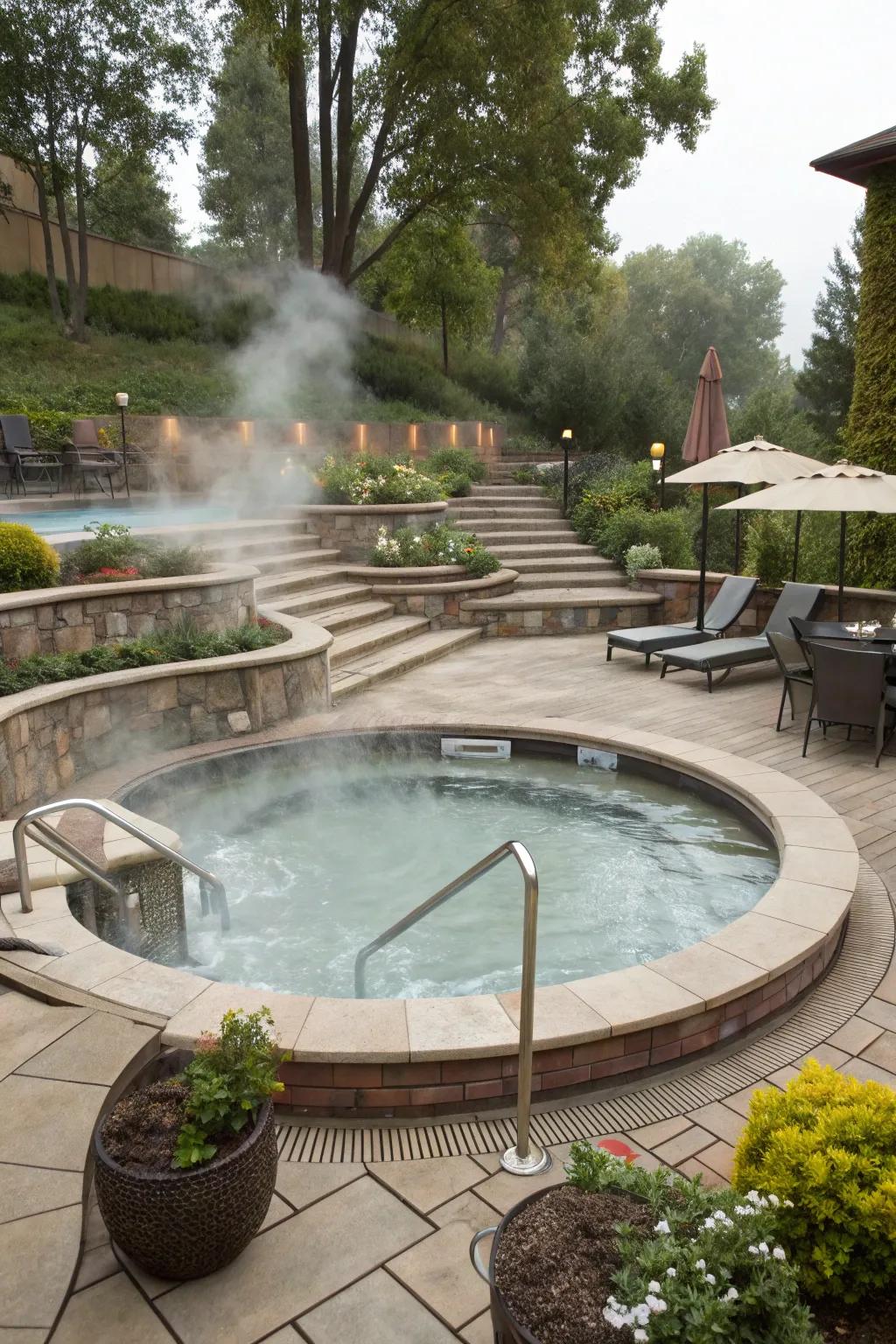Add dimension with multi-tiered terraces around your spa.