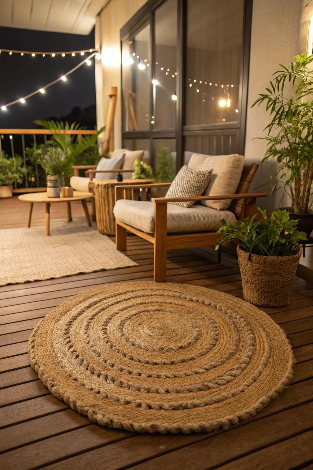 This indoor deck is warmed and textured with a soft rug.