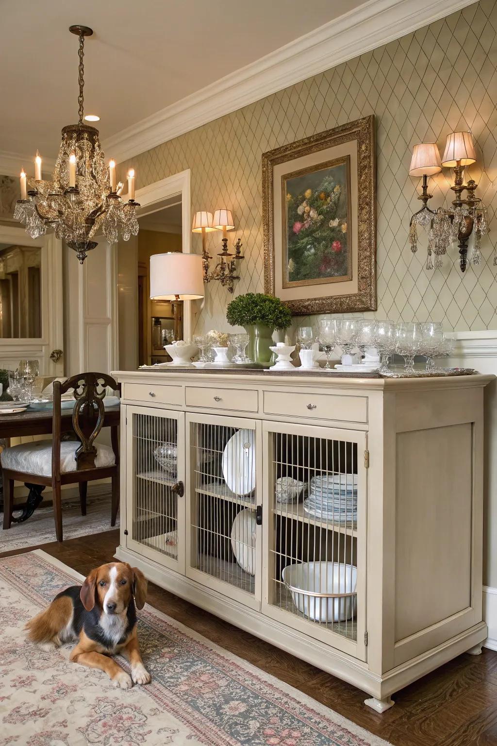 Dining decor meets pet comfort with a sideboard kennel.