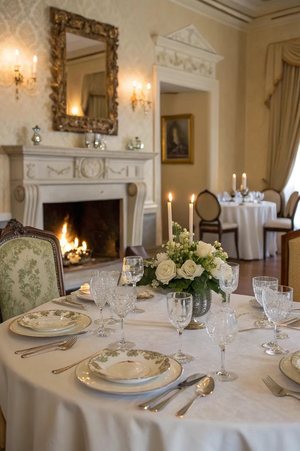An elegant dining area with a fireplace, establishing a cozy atmosphere for meals.