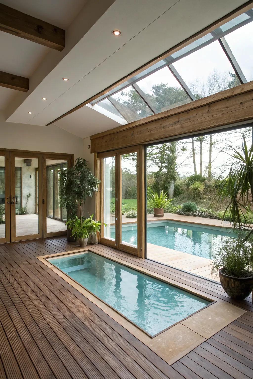 A spacious design indoor pool featuring natural elements