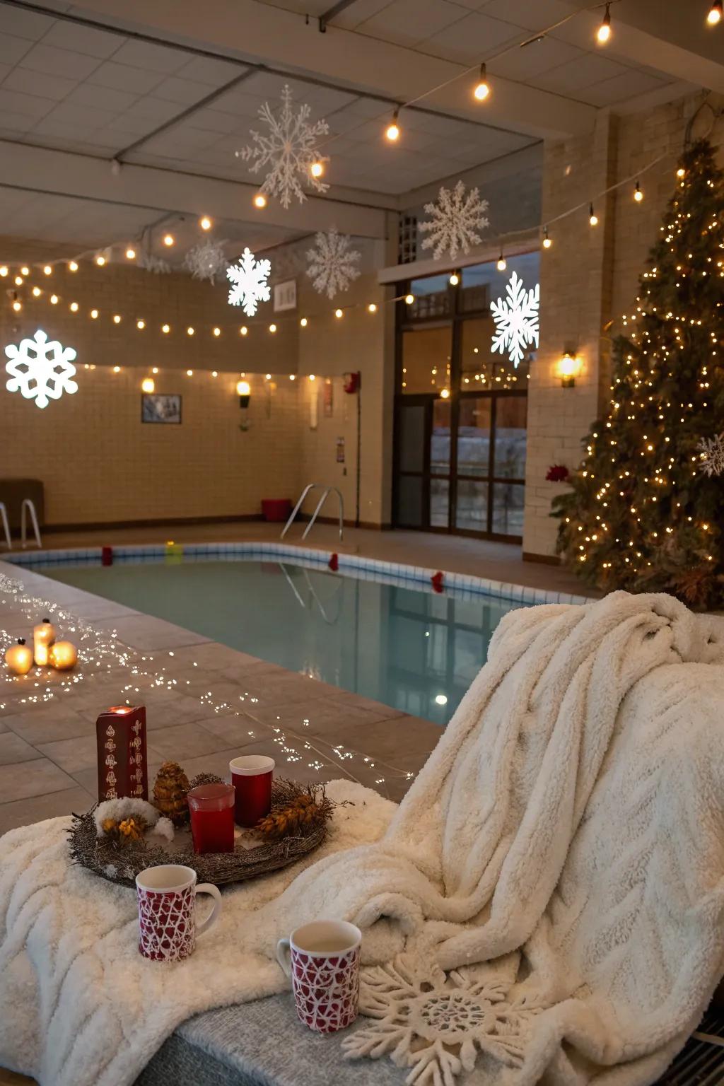Transform your indoor pool into a snug winter escape with chic winter-themed decor.