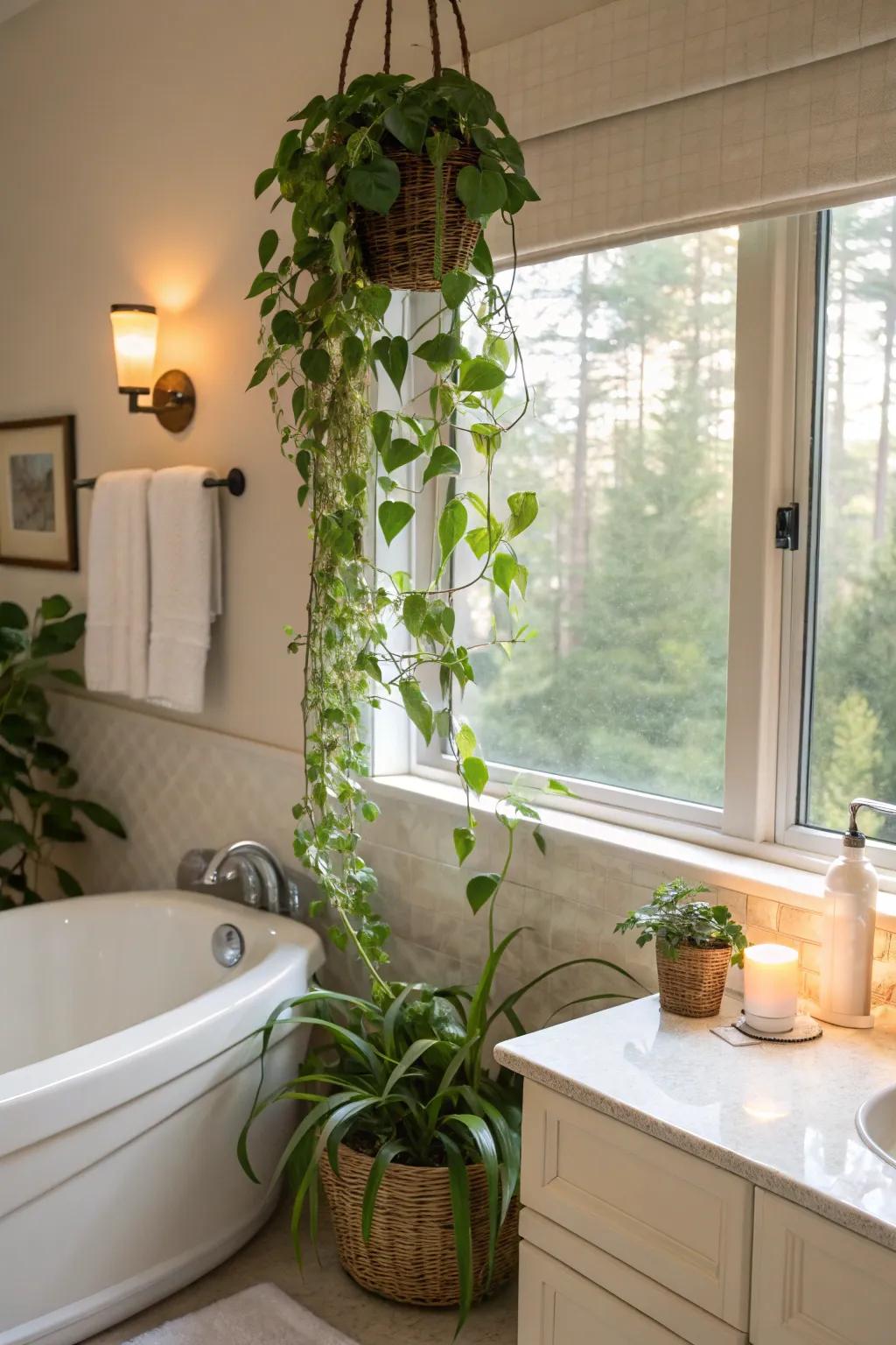 Fashion a spa-esque ambiance with bathing area radiant creepers.