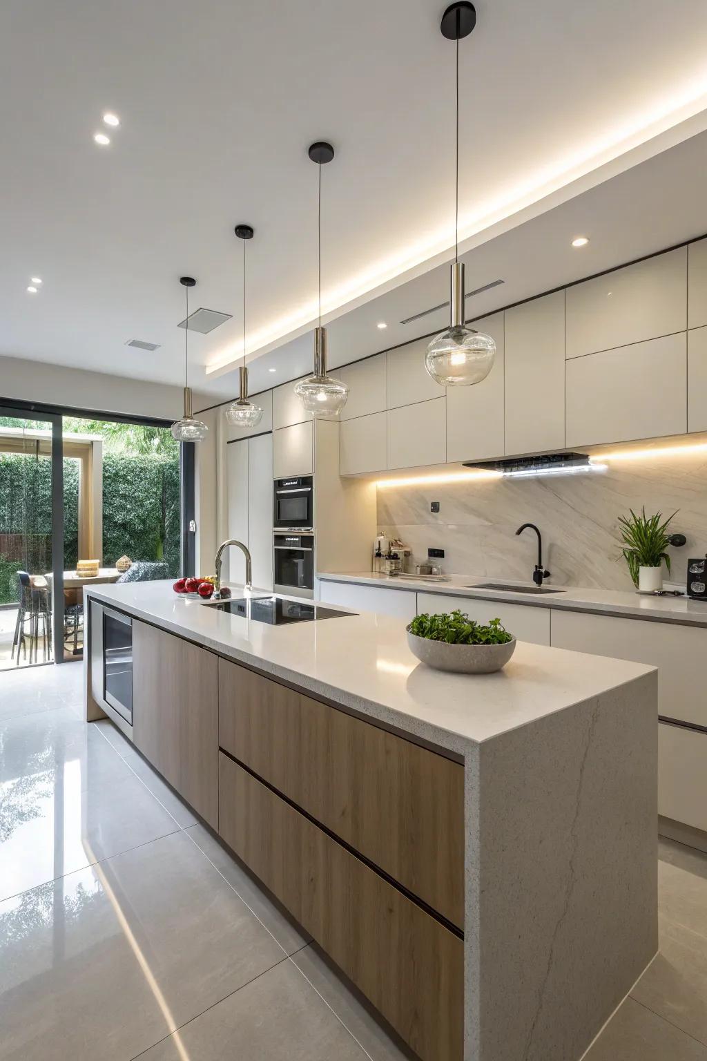 Solid surface countertops provide a neat and modern appearance, perfect for smooth designs.