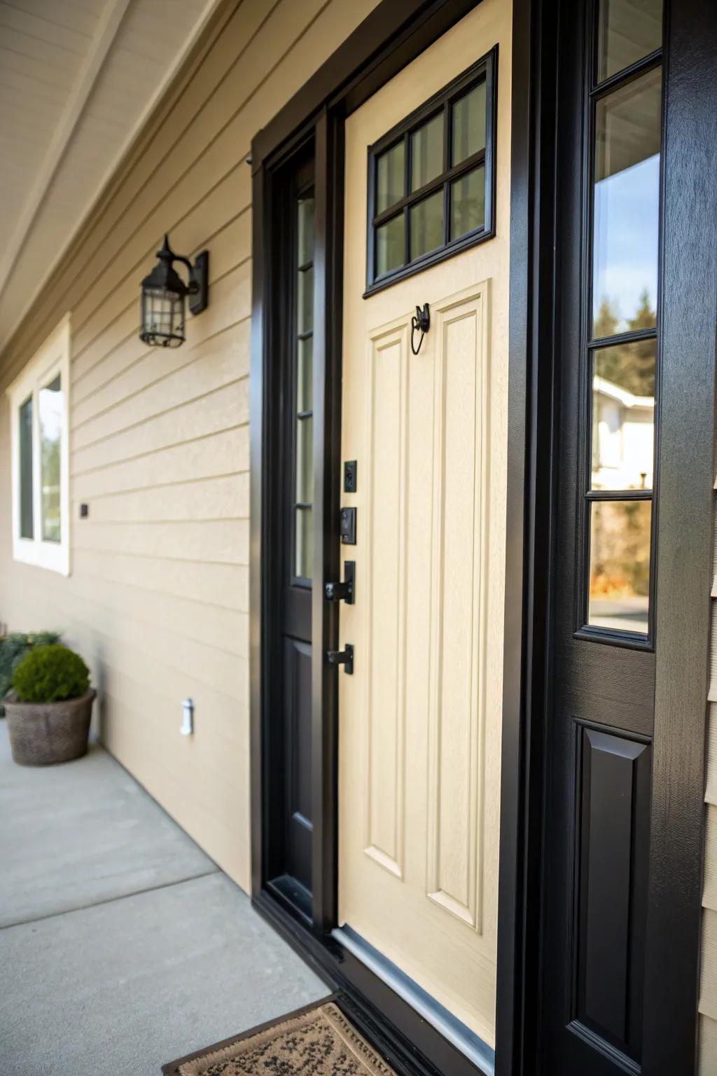 Dark trim establishes a striking contrast for this inset front door.
