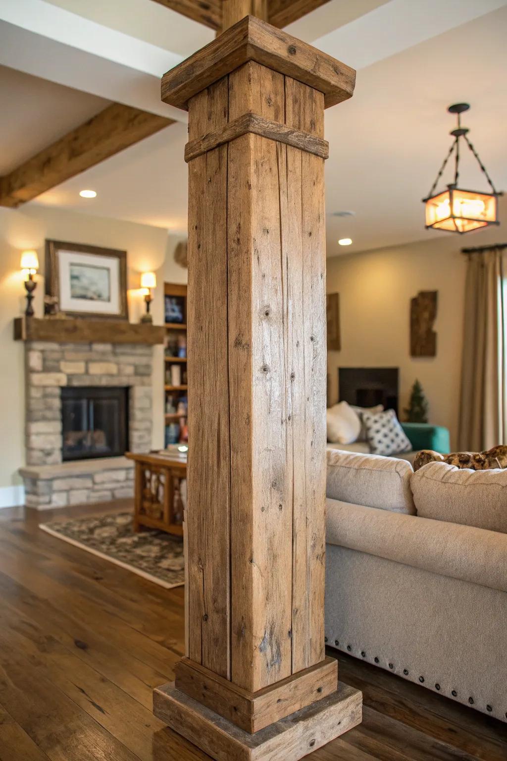 Upcycled timber columns enhance the homespun charm.