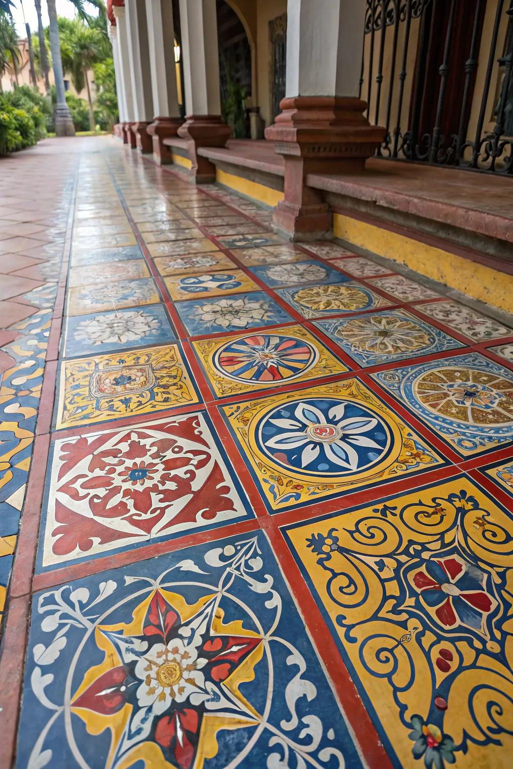 Ornamental tiles contribute splendor and usefulness to floors.