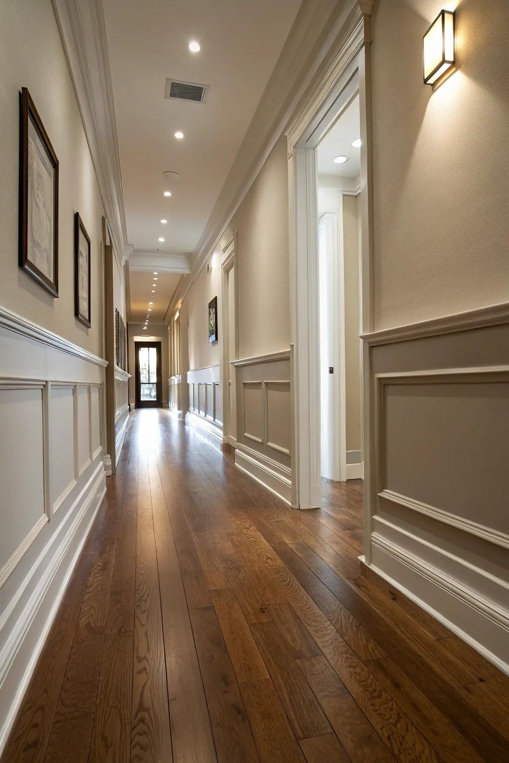 Sleek baseboards enhancing the polished look of the hallway.