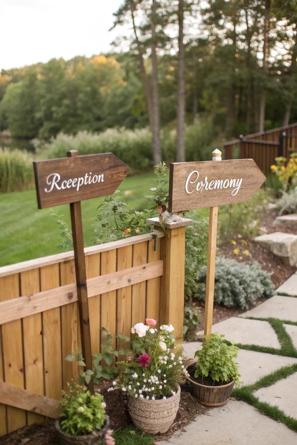 Individualized signage contributes a special touch to a backyard wedding.