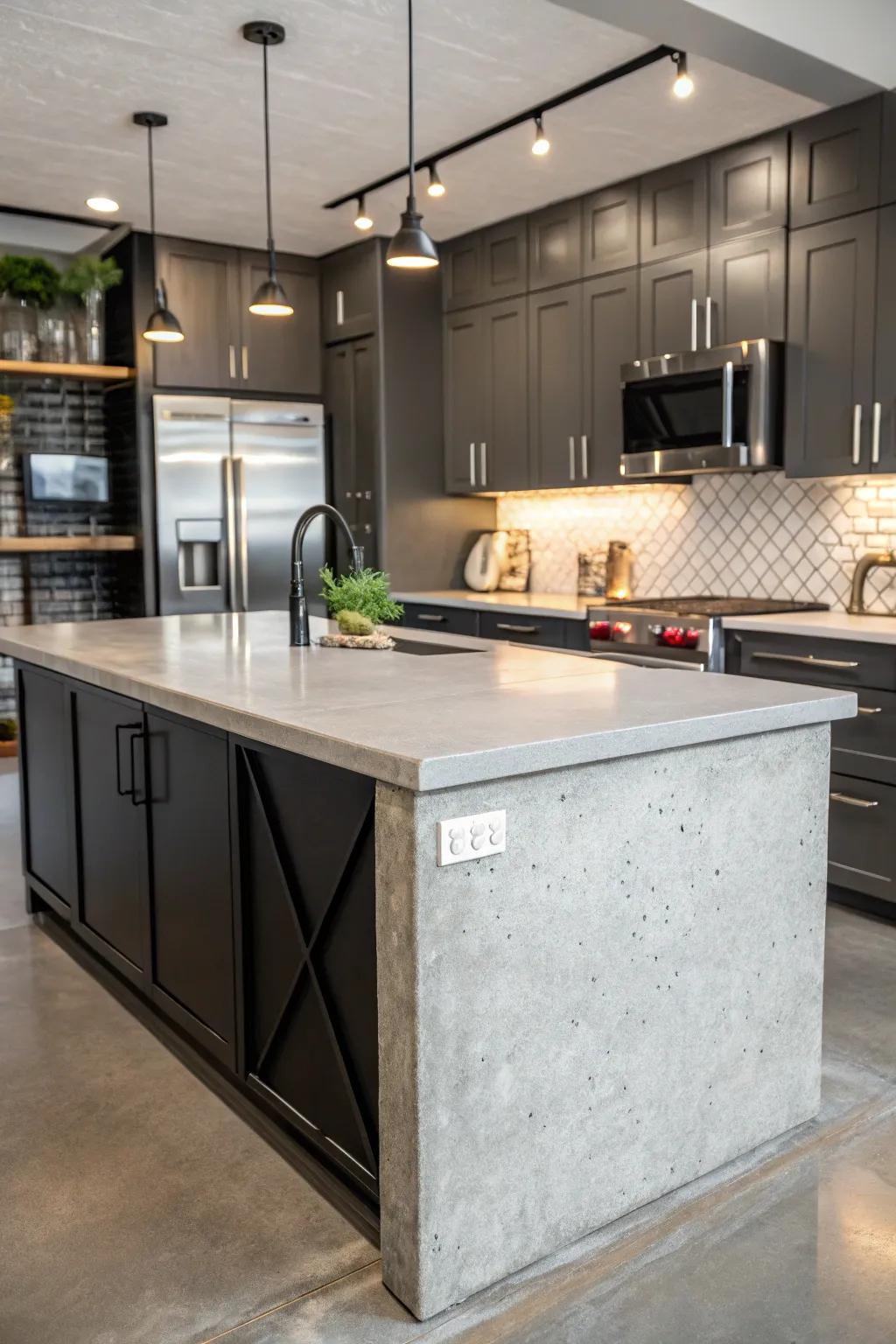 A concrete countertop providing an industrial yet modern appeal to a kitchen island.