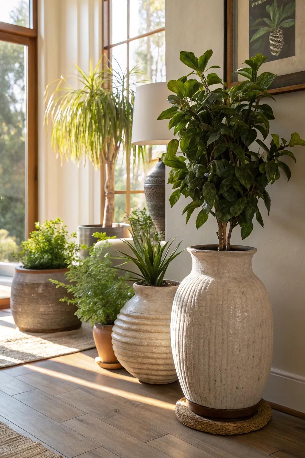 Ceramic pots and plant holders add a countryside touch to your decor.